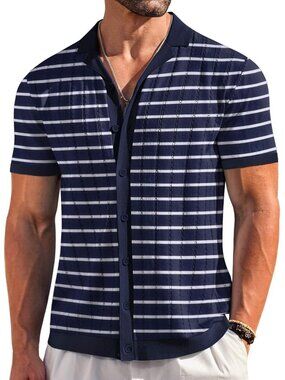 Men's Tz377 Short Sleeve Knit Casual Button Down Vintage Striped Top Shirt